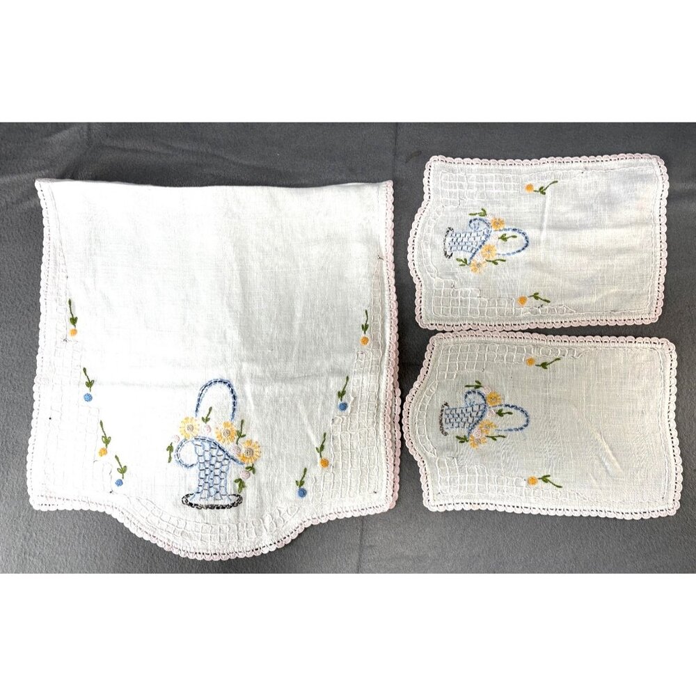 Hand-Embroidered Table Linens Floral Basket & Lace Trim Set 3 Vintage